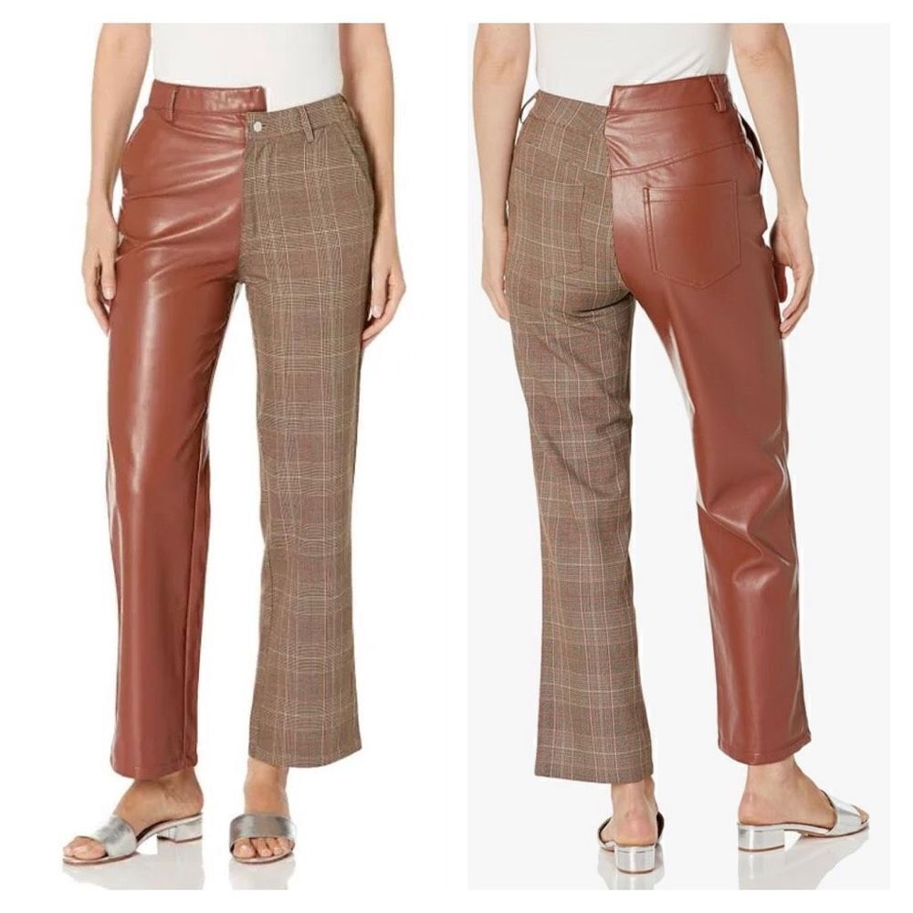 Steve Madden Women's Plaid Brown Vegan Leather Mackenzie Split Pants Size 26 NWT